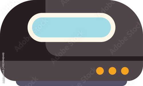 Black and grey toaster oven with blue glass window is standing on white background