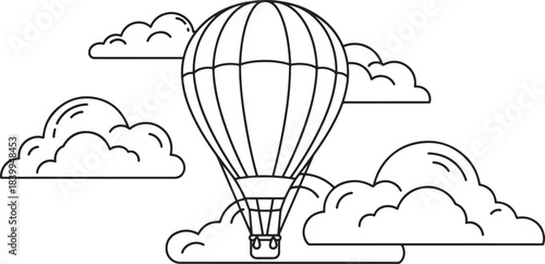 Outline Illustration of a Hot Air Balloon Flying Among Clouds.