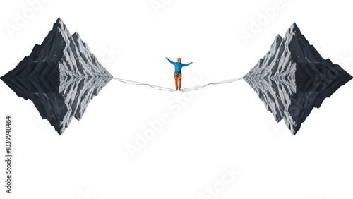 A person balancing on a tightrope between two inverted mountains, symbolizing challenge and equilibrium.