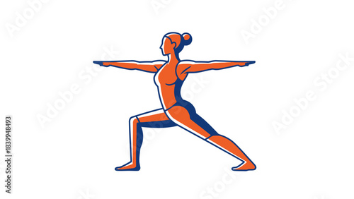 Stylized illustration of a woman performing Warrior II yoga pose, with orange body and blue outlines, on a white background.