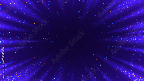 Futuristic glowing light rays and particles background. Teleport or time travel concept. Hyper speed jump effect with bright colorful particles. Fantastic explosion. Vector illustration.