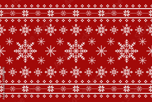 Christmas and New Year seamless pattern. White snowflakes on red pixel pattern for winter hat,jumper,sweater, wrapping,fabric,border,rim,carpets, blankets, towels.