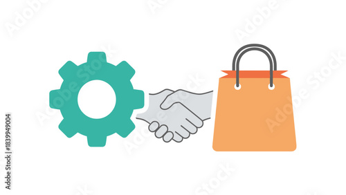 E-Commerce Partnership Icon Showing Gear Settings, Handshake Agreement and Shopping Bag for Online Business Collaboration, Product Management, Retail Deal, Vendor Supply and Digital Marketplace Cooper