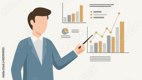 Business Presentation with Analyst Explaining Financial Charts and Growth Statistics Showing Data Analytics, Profit Report, Market Performance, Sales Results and Strategic Planning in Flat Illustratio