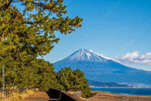 朝の三保海岸から三保の松原と富士山