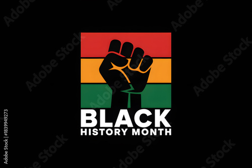Bold Black History Month logo featuring a black power fist silhouette on a tri-colored background of red, orange, and green, with white text. Minimalist design.