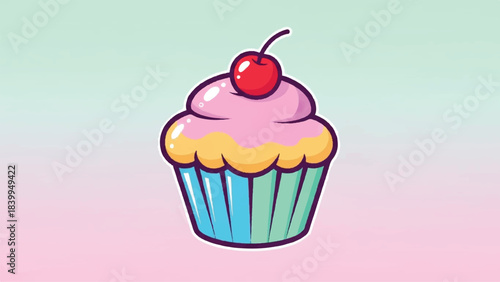 Cartoon Cupcake with Pink Frosting and Cherry Topping Illustration.