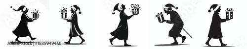 vector silhouette of a grandmother walking carrying a Christmas gift