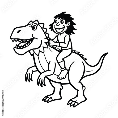 Caveman Riding T Rex Vector Image vector line art on white background