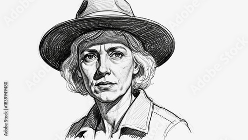 A detailed black and white sketch of a woman wearing a hat with a serious expression.