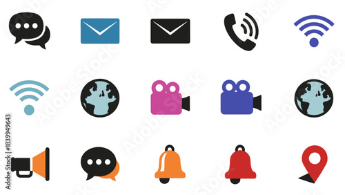 A vibrant collection of digital symbols representing various forms of online and offline communication.