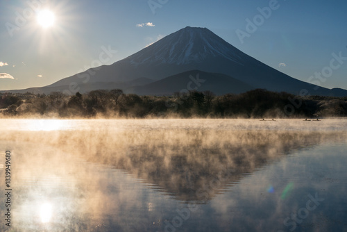 精進湖 湖畔から湖面に映る富士山と朝日