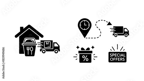 Black silhouette icons illustrating food delivery service, tracking, discounts, and special offers for online ordering.