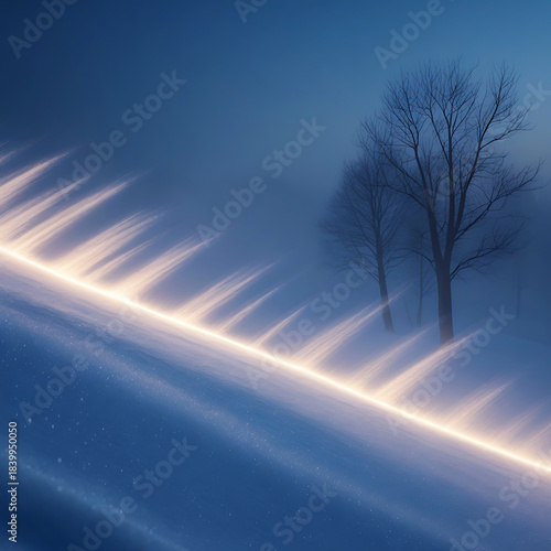Ethereal winter landscape with glowing light on snow and bare trees image photo