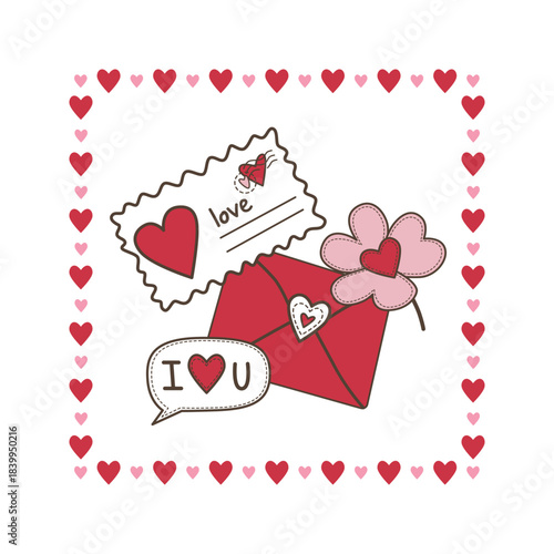 Vector illustration featuring a red envelope, heart-adorned love letter, and a speech bubble with I love you . Delicate hearts frame the image, conveying romance and affection.