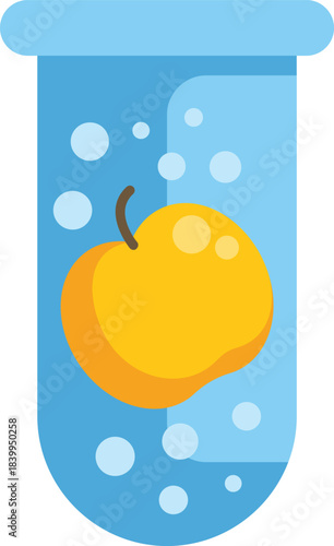 Yellow apple is being experimented on in a test tube with bubbles floating around it