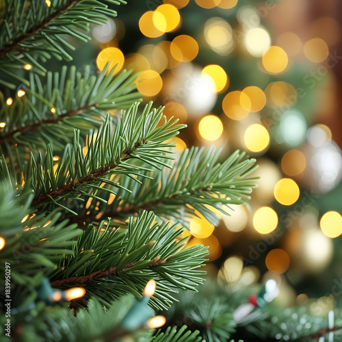 Evergreen Tree Branch with Twinkling Lights and Golden Bokeh Christmas needles