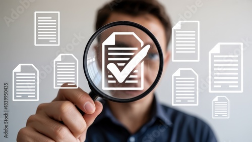 Professional examining digital documentation for compliance using a magnifying glass
