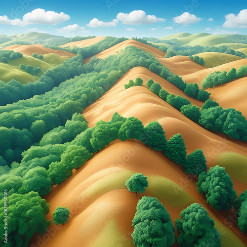 Expansive aerial view of rolling green hills and golden sand formations landscape