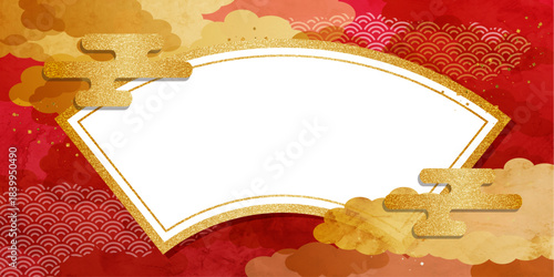 金雲と赤背景の華やかな和風フレーム