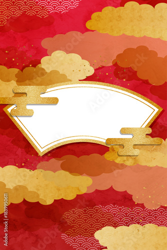 金雲と赤背景の華やかな和風フレーム