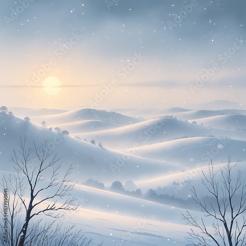 Expansive winter hills at sunrise with falling snow and bare trees landscape rolling