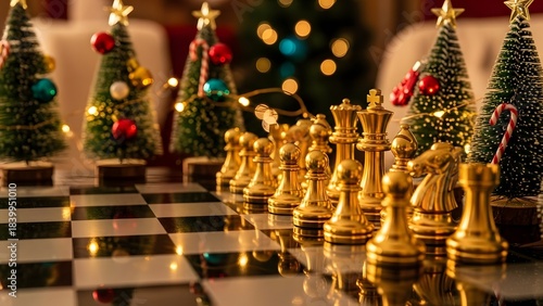 Golden chess pieces lined up on a board with christmas trees in background