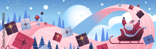 Santa Christmas celebration sleigh ride gifts winter landscape snowy night festive trees presents flying sky cartoon style