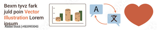 Business analysis, finance, global communication, language services, emotional connection, data presentation. A chart with coins, translation arrows and a heart. Finance and global communication