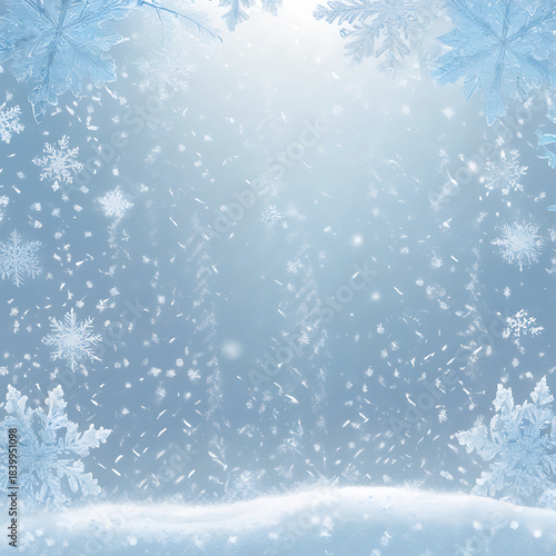 Falling snow and snowflakes with light rays over a snowy landscape winter