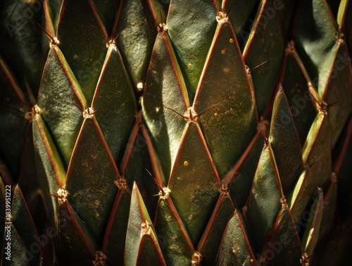 “Close-up macro of cactus scales forming geometric diamond patterns with golden spines and dramatic natural lighting”