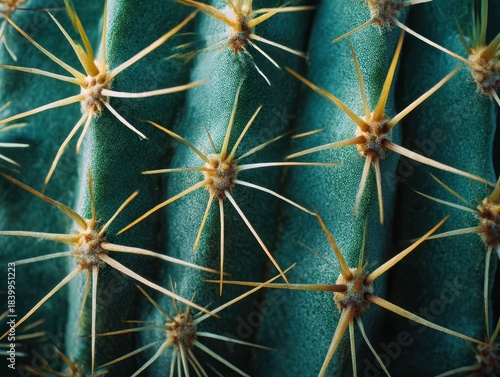“Macro close-up of symmetrical cactus ribs with radiating golden spines against deep green surface texture”