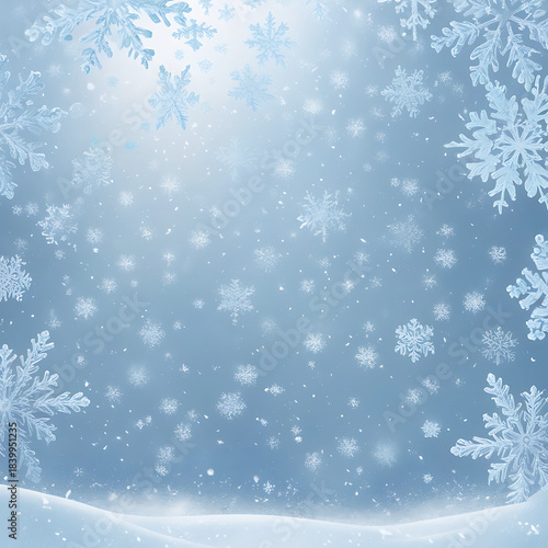 Falling snow and snowflakes over a snowy landscape background winter cold