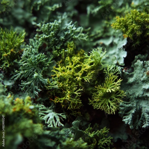 “Macro texture of lush green moss and lichen forming layered organic clusters in soft forest lighting”