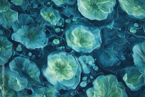 “Fluid bio-organic abstract pattern resembling underwater blossoms with flowing lines in teal and aqua tones”