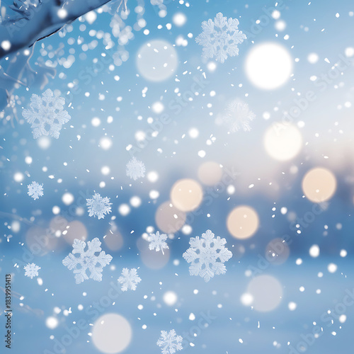 Falling snowflakes and bokeh lights in soft blue winter scene blizzard