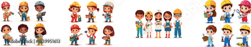 Illustrations of cartoon children in different jobs, designed with simple gradients and a modern approach, with each character isolated on a separate layer