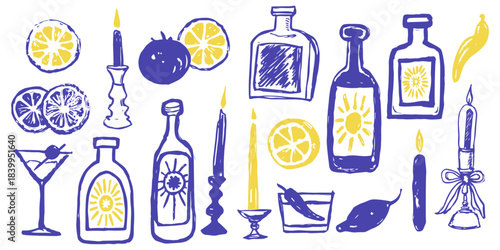 Chalk Sketch Line Art Style Simple Illustrations Set. Creative Trendy Food and Drinks Print Design. Hand Drawn Ink Linear Elements. Party Collection for Poster, Invitation, Picnic Design. Vector 