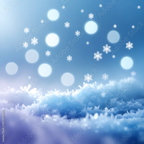 Falling Snowflakes and Bokeh Lights Over Frosty Ground winter