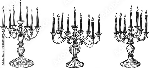 Retro Сandelabra Set Hand Drawn Sketch Vector Illustration. Vintage Candle for Trendy Creative Design. Candlestick Charcoal Sketch Line Illustration. Vintage Lamp Minimalist Vector Drawing.