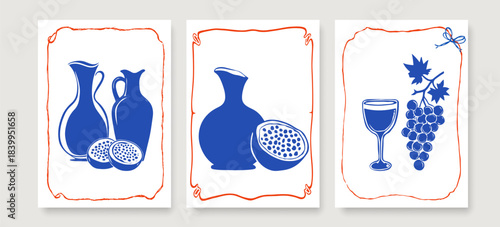 Wall Art Posters Set for Kitchen, Cafe, Food Design in Hand Drawn Style. Wine and Grapes Wall Art Print Collection in Sketch Trendy Style. Vector Illustration