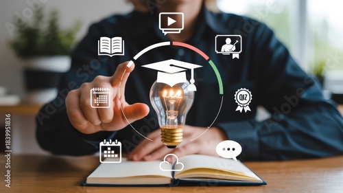 Individual interacts with digital icons representing various aspects of digital education and learning cycles