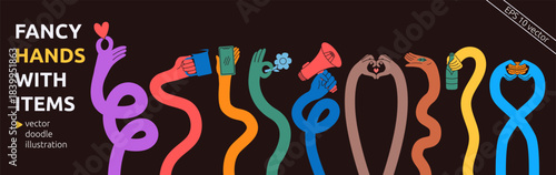 Cartoon Flexible Long Arm Hand Banner. Colorful Abstract Hands Flexible Gesture with Funky Style. Vector Doodle Illustration