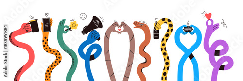 Textured Flexible Long Arm Hand Set. Colorful Abstract Hands Flexible Gesture with Funky Style Kit. Vector Doodle Illustration