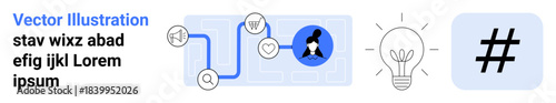Digital connections spanning icons for ideas, communication, profile identity, metadata tag, and marketing. Ideal for innovation, teamwork, collaboration, social media creativity branding simple