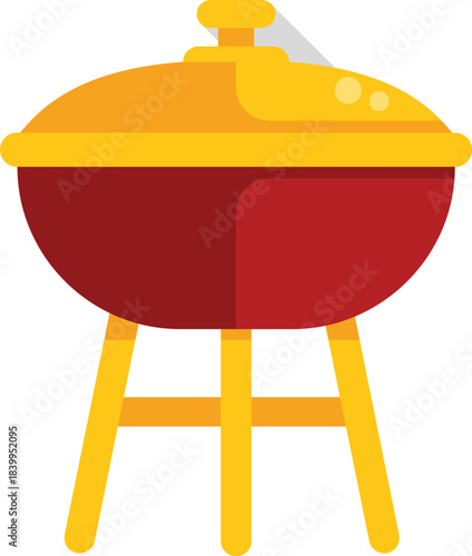 Kettle barbecue grill with yellow lid and red bowl standing on yellow legs, isolated on white background