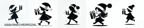 vector silhouette of a little girl walking carrying a Christmas gift