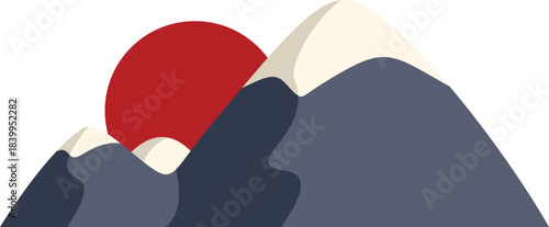 Minimalist vector illustration of a mountain range with a red sun, evoking a sense of tranquility and natural beauty
