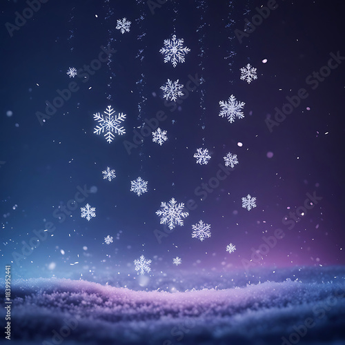 Falling Snowflakes on a Gradient Purple and Blue Background with Snow winter