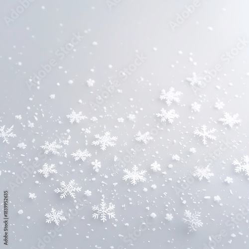 Falling white snowflakes and ice crystals on a soft gradient background winter